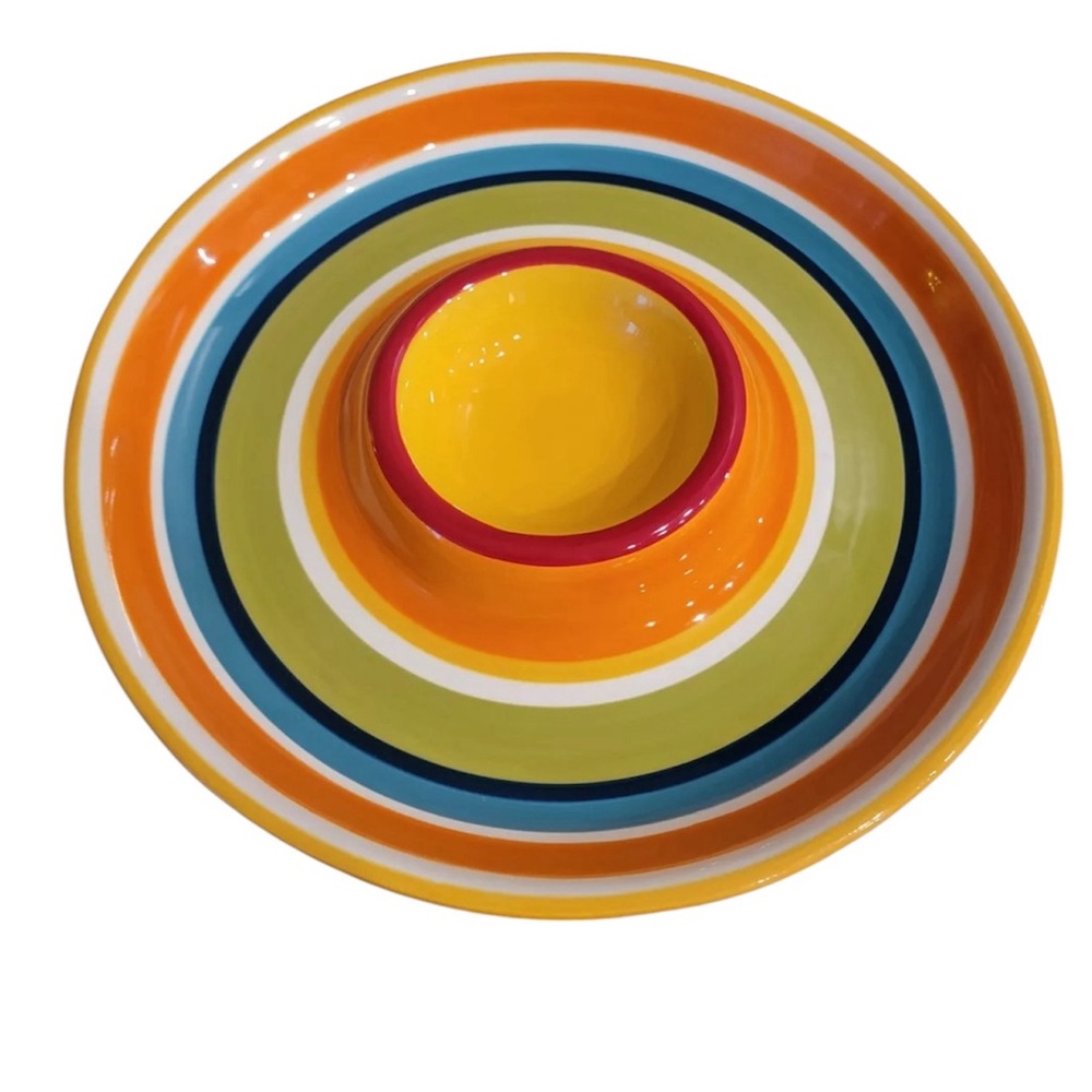 PIER 1 Imports Summer Stripes Ironstone Chip & Dip Serving Platter Red Yellow